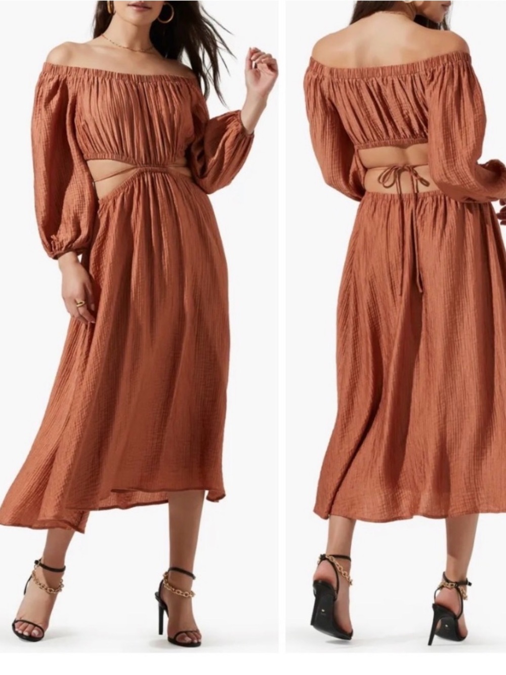 ASTR Cassian On or Off-the-Shoulder Dress in Rust Sz Sm